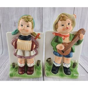 Pair Vintage Landmark Designs Girl Accordion/Boy Mandolin Hummel Style Planters